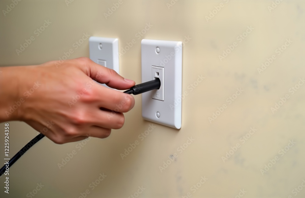 Person plugs in phone charger cable. Close-up of hand connecting black cable to white wall socket. Home interior. Modern tech device connection. Focus on technology, connection. Fast charging Person plugs in phone charger cable. Close-up of hand connecting black cable to white wall socket. Home interior. Modern tech device connection. Focus on technology, connection. Fast charging