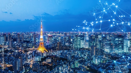 Nighttime Tokyo cityscape showcasing illuminated towers and network connections