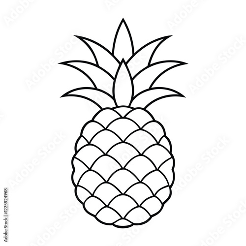 Black and white outline illustration of a pineapple with detailed leaves and texture