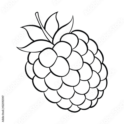 Black and white outline illustration of a raspberry with leaves