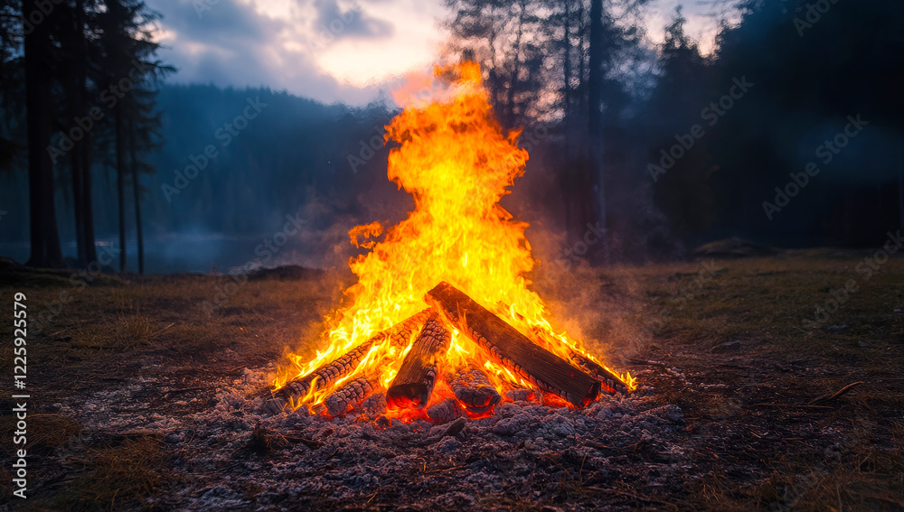 A fire is burning in a pile of wood in a forest. The fire is orange and yellow, and it is surrounded by a lot of smoke. The scene is peaceful and serene, with the fire providing warmth A fire is burning in a pile of wood in a forest. The fire is orange and yellow, and it is surrounded by a lot of smoke. The scene is peaceful and serene, with the fire providing warmth