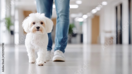 A Pawsitive Attitude: A small white fluffy dog walks confidently alongside its owner in a modern office building, exemplifying the joy and companionship a pet can bring to the workplace. photo