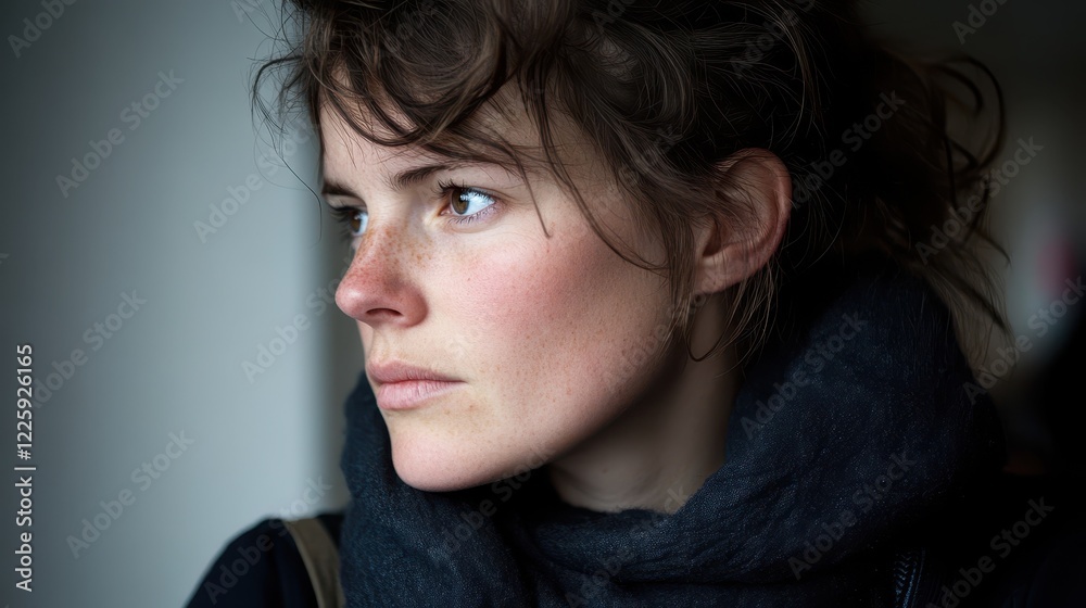 A Moment of Introspection: A woman with a contemplative gaze, her dark hair framing her face, captures a profound moment of reflection. The soft lighting casts a gentle glow.
