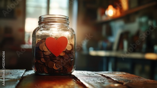 Donation jar with coins and heart symbol photo