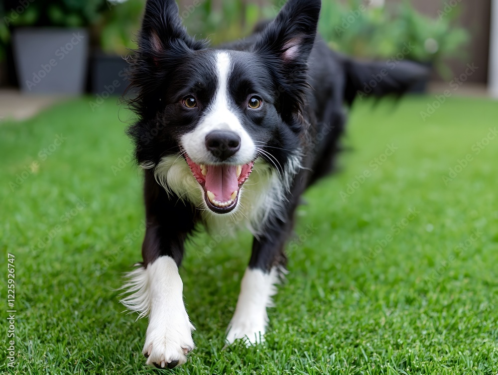 Happy pet dog playing on green grass lawn in full length Happy pet dog playing on green grass lawn in full length
