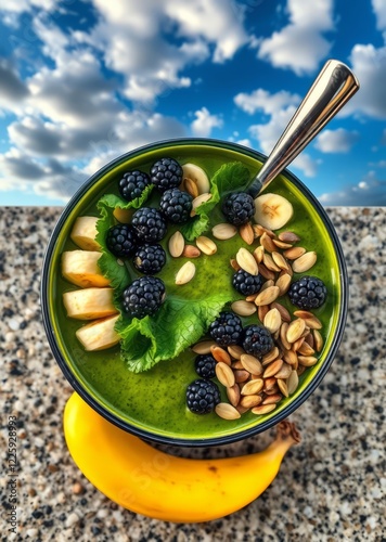 Green smoothie bowl with kale fresh blackberries bananas pumpkins seeds and coconut overhead scene on granite Super Bowl football game sport ball american superbowl photo