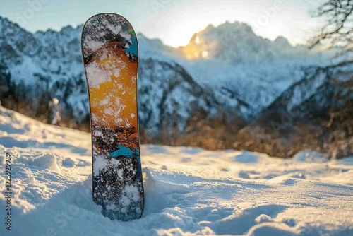 Snowboard Leaning Against Wall in Winter Scene, Vertical Snowboard Resting in Snowy Landscape for Winter Sport Concept photo