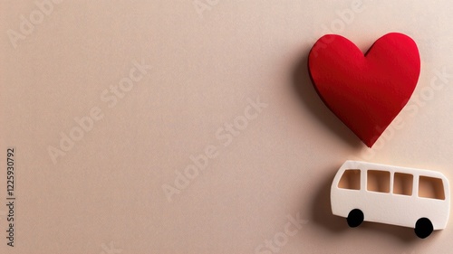 Heart and bus representing travel love on beige background