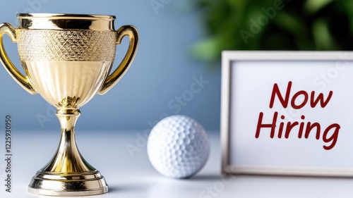 Golden trophy, golf ball, and 