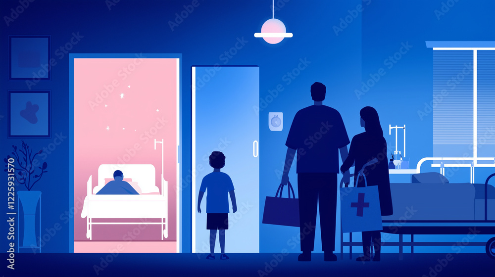 Obraz premium Family Visit in Hospital Corridor with Patient Support