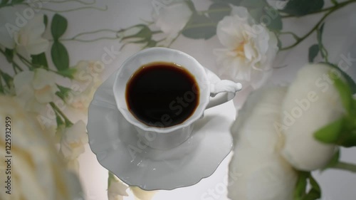 A cup of coffee on a background of flowers lit by rays of sunlight