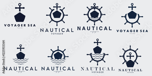 collection of ship front view steering wheel and wave logo vector illustration design
