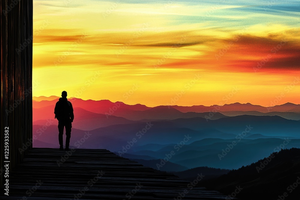 Silhouette of a man standing on a wooden platform overlooking a vibrant sunset and layered mountains. Silhouette of a man standing on a wooden platform overlooking a vibrant sunset and layered mountains.