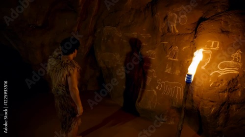 Ancient cave art discovery: early human illuminates prehistoric drawings by torchlight