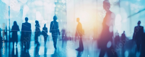 Business people walking in modern hall with network connection visual effect