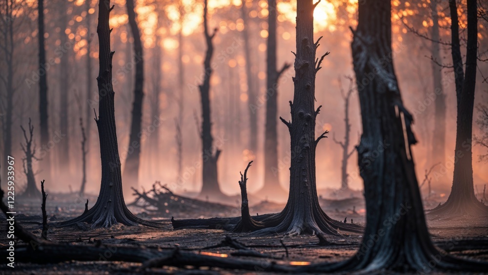Obraz premium Sunset over a foggy forest after a wildfire in a serene landscape