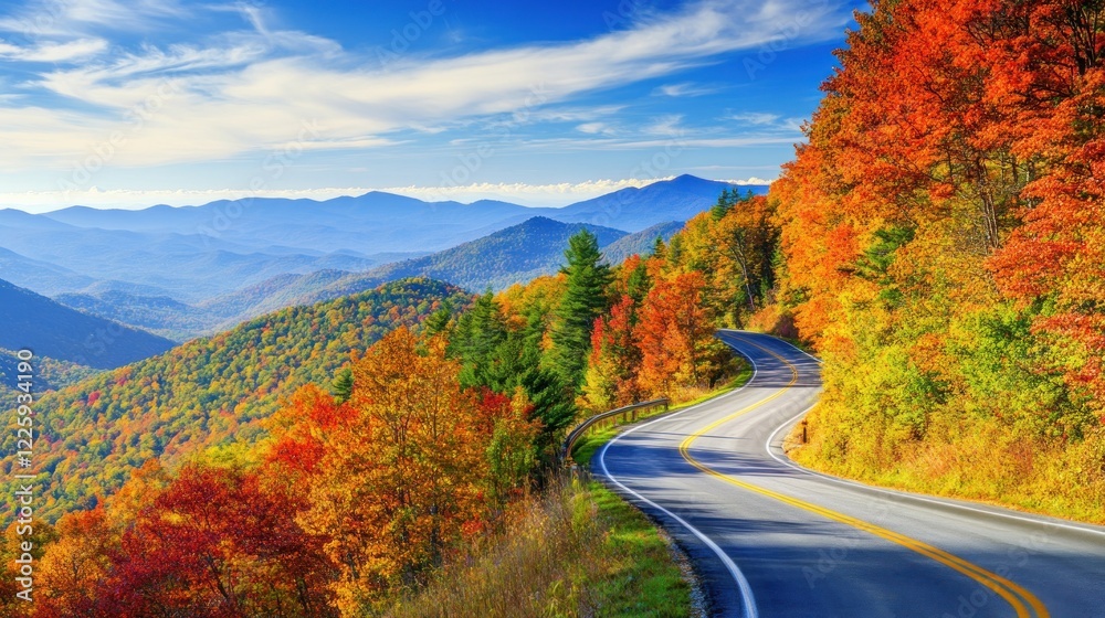 Scenic winding road through mountains in fall with autumn foliage colors on trees Scenic winding road through mountains in fall with autumn foliage colors on trees