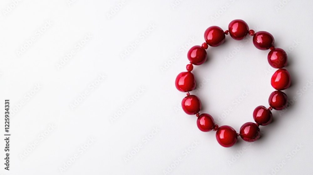 Red beaded bracelet arranged in circle on white background Red beaded bracelet arranged in circle on white background