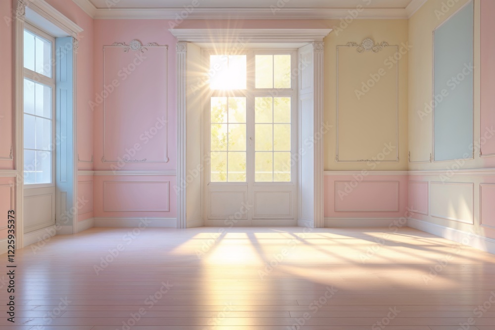 Obraz premium Bright sunlight streams through a pastel room with large windows and wooden floors