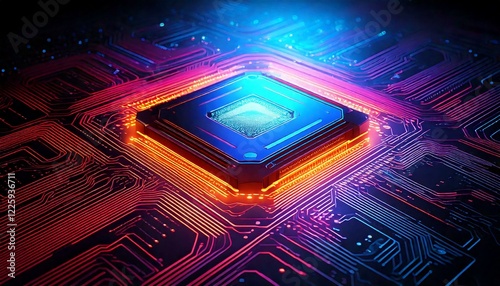 A glowing AI chip embedded in a circuit board with a futuristic neon glow with copy space 