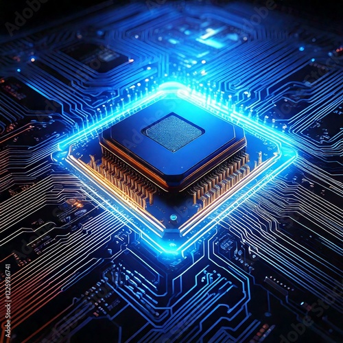 A glowing AI chip embedded in a circuit board with a futuristic neon glow with copy space 