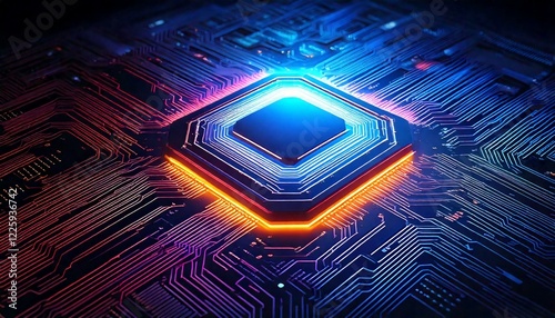 A glowing AI chip embedded in a circuit board with a futuristic neon glow with copy space 