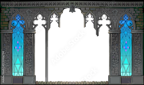 Sketch of theatrical scenery. Illustration of fantasy gothic stone wall in a fairy tale environment. Cover for kids book. Background for computer game, wallpaper, theater decoration. Vector drawing.
