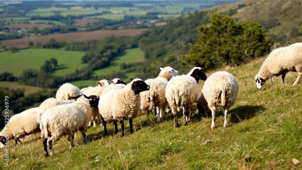 Peaceful Flock on a Hillside: A Breathtaking Countryside View Peaceful Flock on a Hillside: A Breathtaking Countryside View