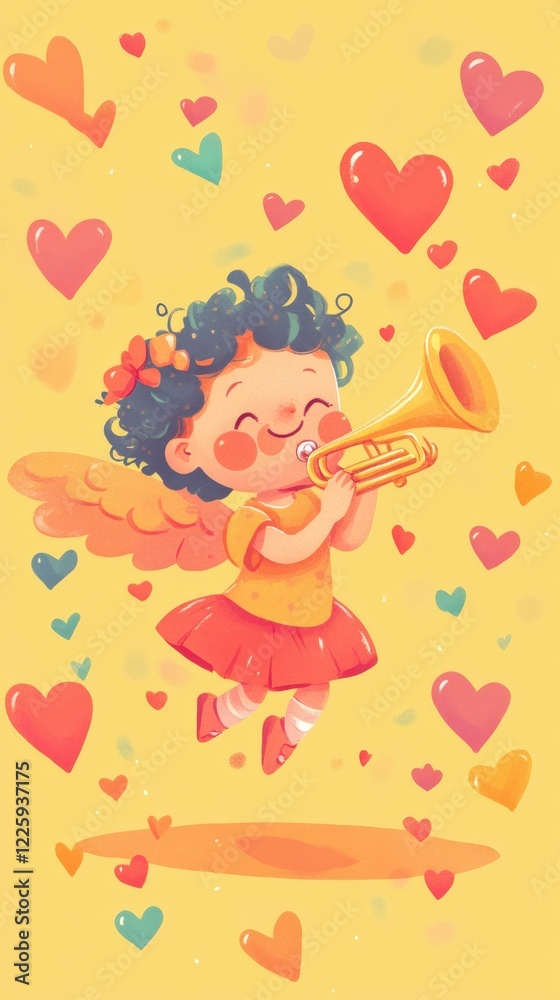 Smiling Angel Cupid Plays Trumpet Amidst Hearts Smiling Angel Cupid Plays Trumpet Amidst Hearts