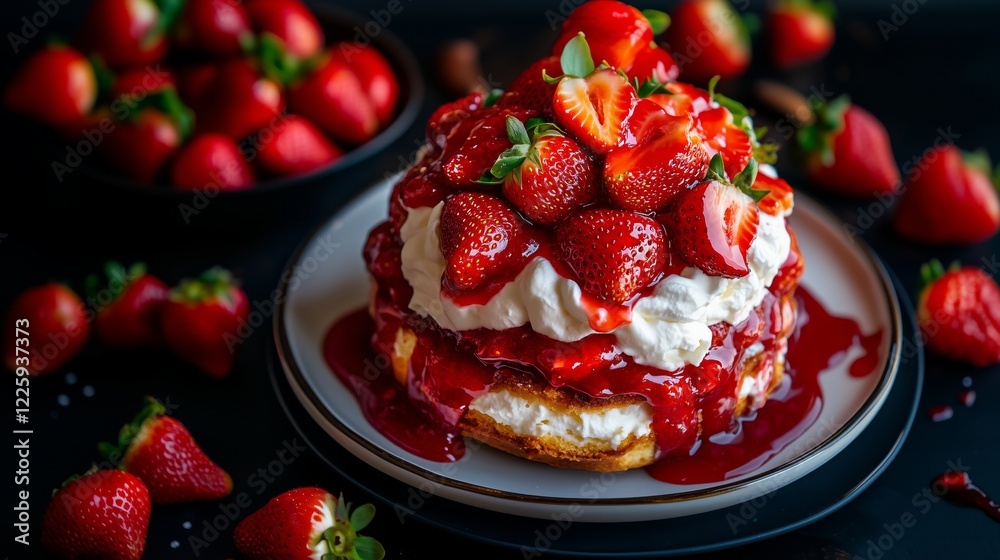 Decadent Strawberry Shortcake Dripping with Fresh Strawberry Sauce and Topped with Whipped Cream and Fresh Berries Decadent Strawberry Shortcake Dripping with Fresh Strawberry Sauce and Topped with Whipped Cream and Fresh Berries