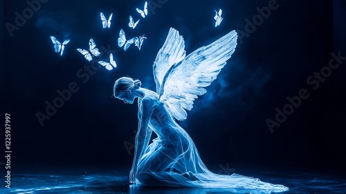 Serene Angel with Glowing Wings and Butterflies