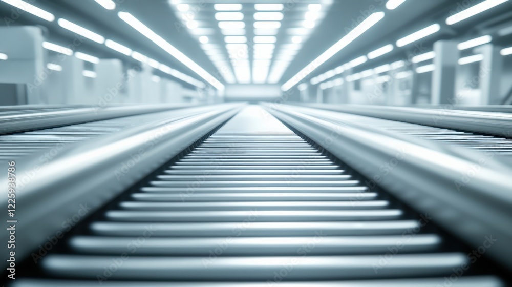 Fototapeta premium Futuristic railway tracks leading into a bright, modern station with glowing lights above