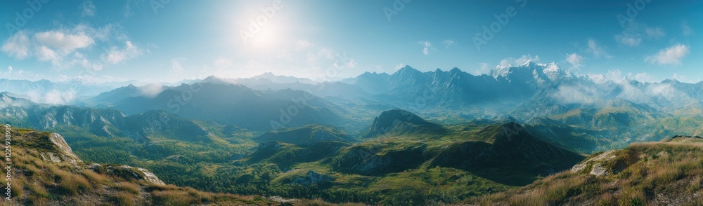 Majestic Mountain Panorama: A Breathtaking View of Serene Peaks and Valleys Majestic Mountain Panorama: A Breathtaking View of Serene Peaks and Valleys
