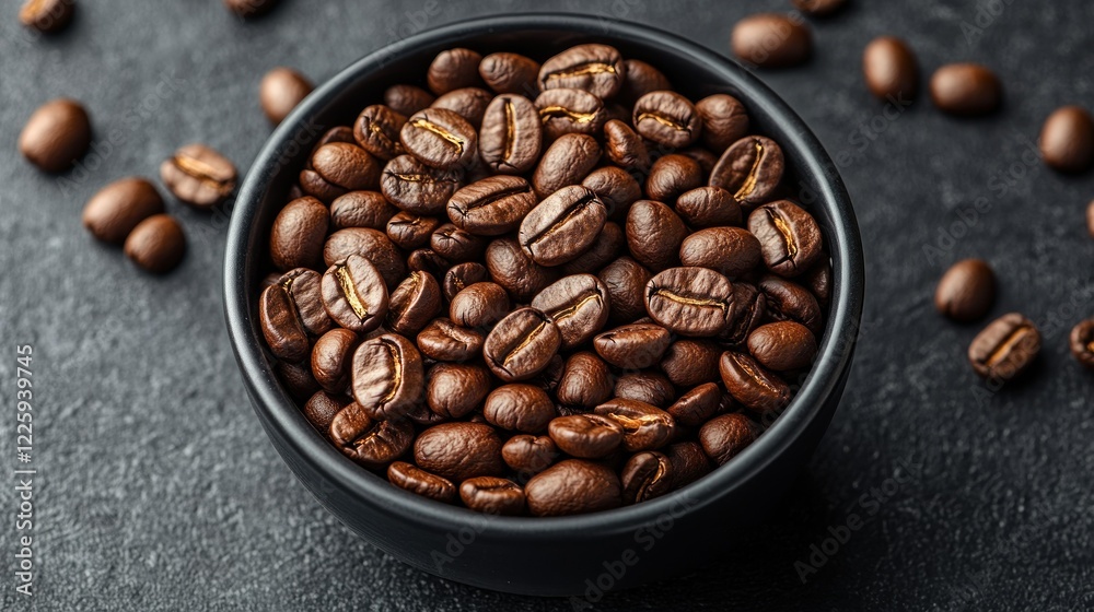Fototapeta premium Roasted Coffee Beans in a Black Bowl: Aromatic and Rich