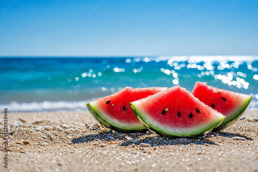 Slices of juicy watermelon resting on sandy beach with vibrant ocean waves sparkling in sunlight Slices of juicy watermelon resting on sandy beach with vibrant ocean waves sparkling in sunlight