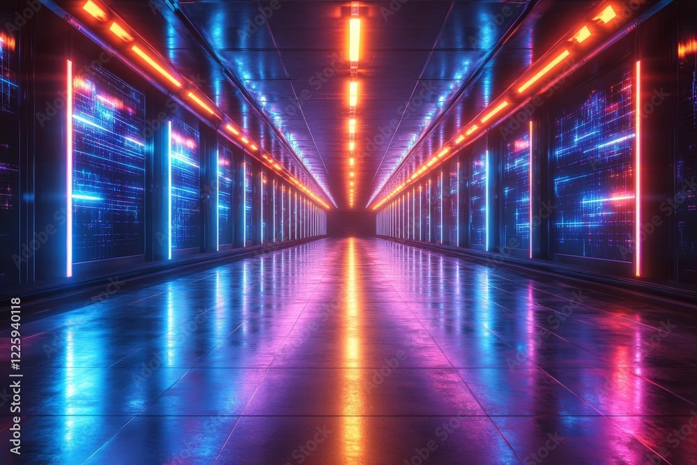 Neon-lit corridor in a futuristic setting showcasing vibrant reflections Neon-lit corridor in a futuristic setting showcasing vibrant reflections