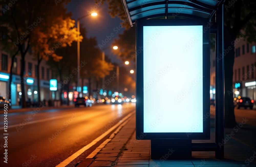 Empty digital billboard at night bus stop. City street scene with blurred cars, buildings. Blank screen for advertising mock-up. Vertical display for potential design ideas. Urban setting modern tech Empty digital billboard at night bus stop. City street scene with blurred cars, buildings. Blank screen for advertising mock-up. Vertical display for potential design ideas. Urban setting modern tech
