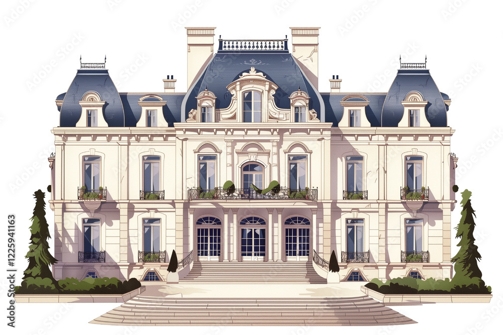 Fototapeta premium Elegant Historic Mansion With Intricate Architecture and Grand Stairway Surrounded by Lush Greenery - Vintage Illustration, Isolated on White Transparent Background, PNG