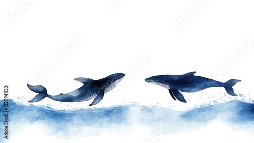 Two blue whales swimming in ocean, watercolor art photo