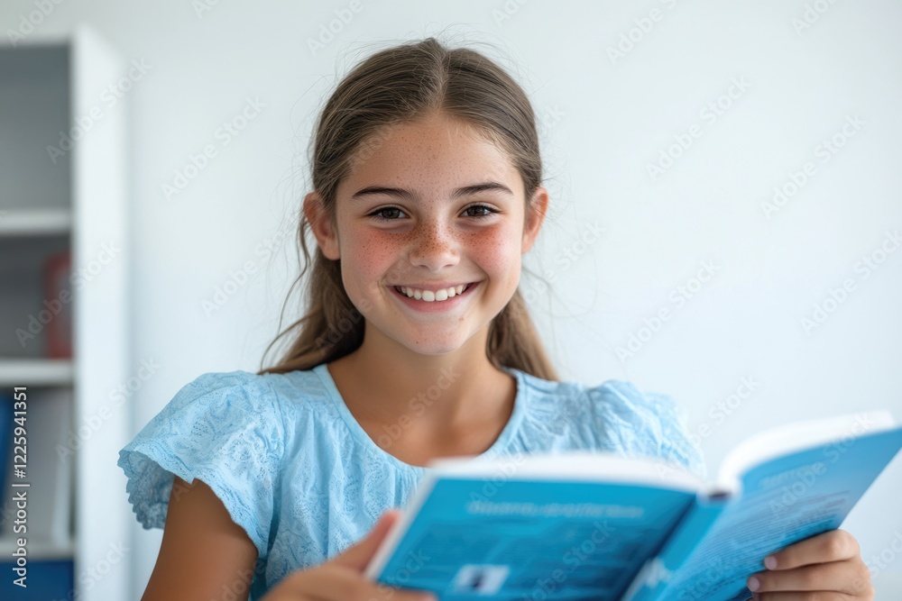 A smiling freckled girl happily reads a light blue book, enjoying a moment of learning and leisure. A smiling freckled girl happily reads a light blue book, enjoying a moment of learning and leisure.