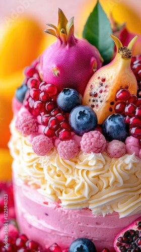 Pink fruit cake, berries, studio, citrus background, dessert