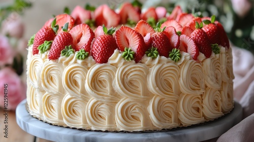 Strawberry Cake, Rose Frosting, Spring Flowers, Table, Dessert