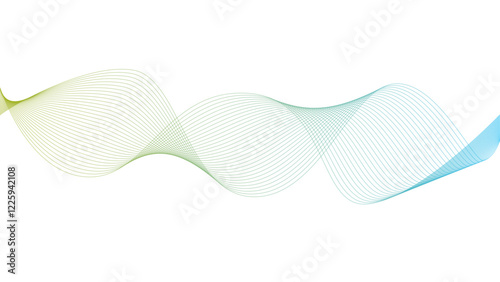 Vector curvy abstract line art wavy flowing dynamic green blue white background in concept music or sound, wave, wind, information flow	