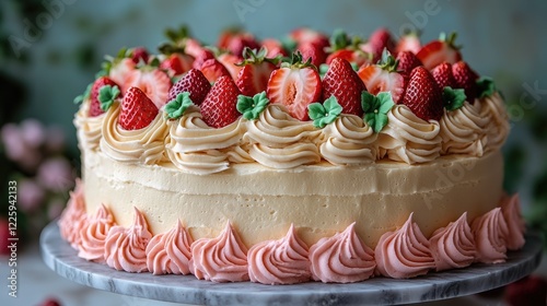 Strawberry cake, buttercream frosting, studio, flowers