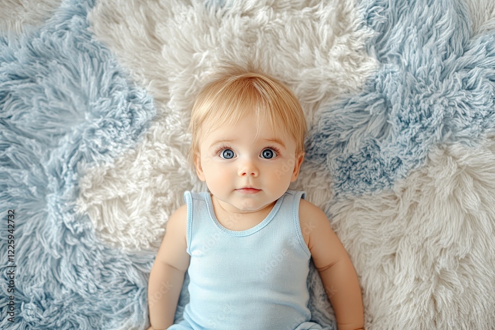 Baby with striking blue eyes relaxing on soft fuzzy rug in cozy indoor setting