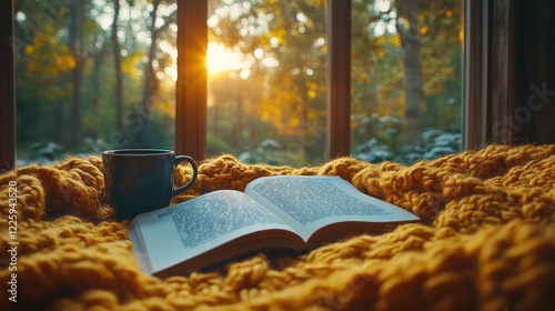 Autumn Sunset Cozy Reading, Forest View, Blanket, Mug
