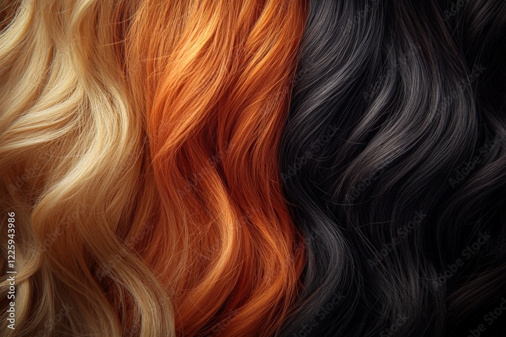 Vivid display of three different hair colors showcasing texture and shine under soft lighting Vivid display of three different hair colors showcasing texture and shine under soft lighting