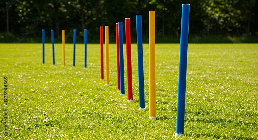 Fototapeta premium Colorful dog agility training course outdoor. Blue, yellow, red poles.