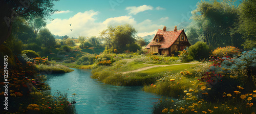 A natural landscape in the spirit of cartoon, alice in wonderland or charlie and the chocolate factory. In the distance, a village. The houses are made of gingerbread photo