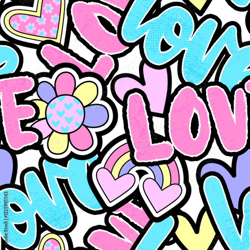 Abstract seamless chaotic pattern with word "love, flower, rainbow. Bright vector background. Cute Wallpaper for girls.